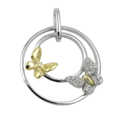 Produktbild von Anhänger 24mm mit 2 Schmetterlingen bicolor und mit Zirkonias Silber 925 bicolor 24mm