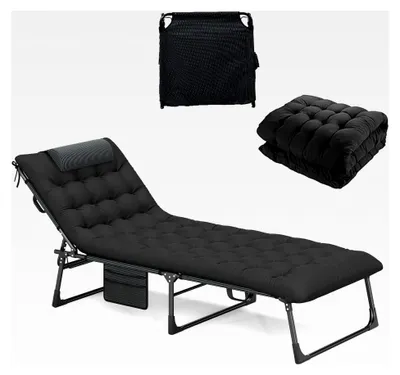 Produktbild von Klappbare Sonnenliege mit Kissen, verstellbarer Rückenlehne, Seitentasche und Kopfstütze, Liegestuhl für Garten, Camping und Büro