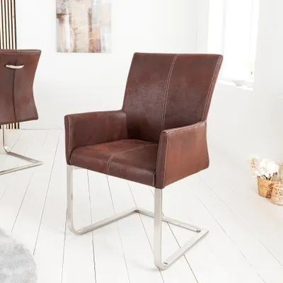 Produktbild von riess-ambiente Freischwinger Stuhl SAMSON dark coffee mit Armlehne und Edelstahlrahmen Esszimmerstuhl Essstuhl