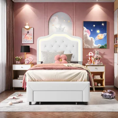 Zdjęcie produktu dla Łóżeczko dziecięce – łóżko księżniczki – łóżko pojedyncze 90 x 200 cm – w zestawie stelaż z listew – tapicerka zpoliuretan – drewniana rama – kolor biały