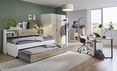 Produktbild von Jugendzimmer-Set 6-teilig in weiß mit Eiche, mit Funktionsbett 90x200 cm Liegefläche NOLI-43