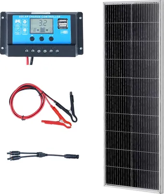 Image de VEVOR Kit de panneaux solaires 100W Panneau solaire monocristallin 12V plus régulateur de charge 8,33A Taux de conversion du système solaire de 23% Compatible avec les batteries AGM, GEL, FLD, LI Idéal pour les camping-cars Yachts Maison