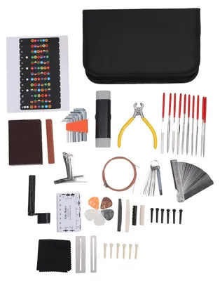 Produktbild von 72-teiliges Gitarren-Reparaturset mit Aufbewahrungskoffer für Saiten und Plektren, Saitenschutz, Stift, Stegstifte, Sattelfeilen und Innensechskantschlüsseln für die Gitarrenpflege