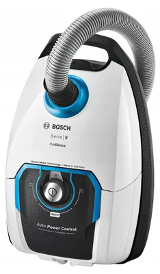 A white and black Bosch vacuum cleaner with blue accents is shown against a white background.