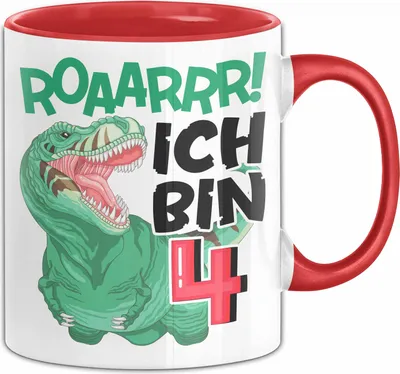 Produktbild von 4. Geburtstag Geschenk Tasse Becher Jungs Dino T-Rex Roaarrr Ich Bin 4 (Rot)