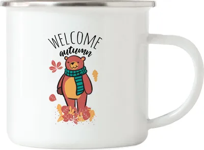 Produktbild von Welcome Autumn Emaille Tasse Süßer Bär Laubblätter Ahornblatt  Herbstbeginn Herbstzeit Autumn Kalte Jahreszeit
