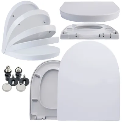 A collage of different views and parts of a white toilet seat.