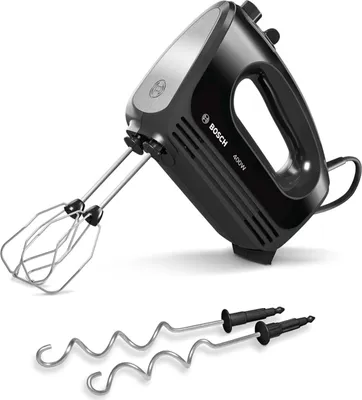 A black Bosch hand mixer with silver accents is shown on a white background, with two sets of beaters.
