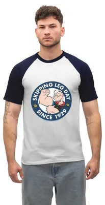 Produktbild von Spreadshirt Popeye Skipping Leg Day Since 1929 Herren Baseball Shirt, XXL, Weiß/Navy