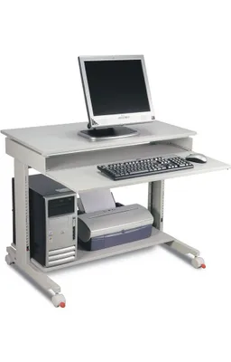 A computer desk with a monitor, keyboard, mouse, computer tower, and printer.
