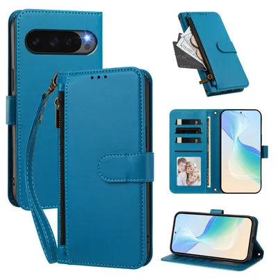 Produktbild von Geldbörse Hülle für Google Pixel 9/Pixel 9 Pro/Pixel 10/Pixel 10 Pro, Kunstleder Handyhülle mit Kartenfächer, Ständer, Handschlaufe Blau