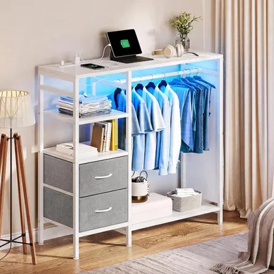 Produktbild von Kleiderständer Garderobenständer mit LED, Kommode mit 2 Schubladen mit Kleiderstange, mit Steckdose, 120x40x111 cm, Weiß