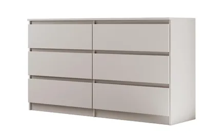 A modern dresser with six drawers against a white background.