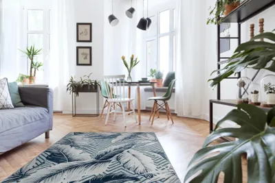 Produktbild von Teppich Strukturell BOTANIC 65242 Federn, Zickzack flach gewebt für Balkon, Terrasse - wasserblau Blau 157x220 cm