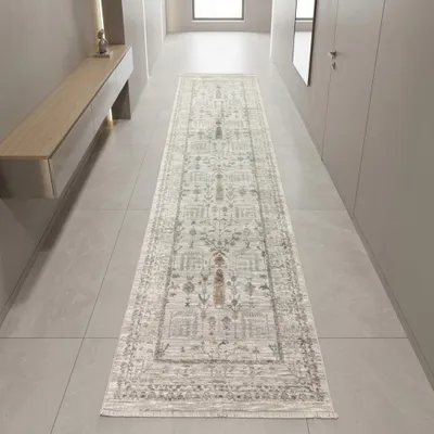 Obrázek produktu pro Moderní koberec krémové barvy s ornamentálním vzorem, lemem a frędzlemi. Rozměry: 80 x 300 cm