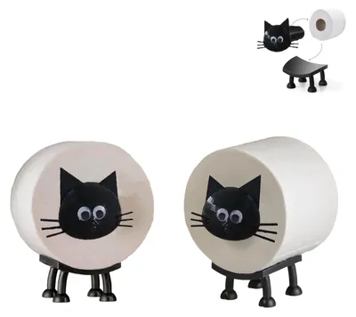 Image de Porte-rouleau de papier toilette en forme de chat - Porte-rouleau de papier toilette amusant, imprimé en 3D, à poser sans perçage, décoratif pour la salle de bains, porte-rouleau de papier toilette (chat noir, lot de 2)