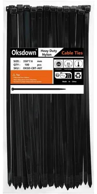 Obrázek produktu pro Stahovací pásky, 350 mm x 7,6 mm, černé, 100 kusů, odolné vůči UV záření, pevnost v tahu 50 kg, nylon