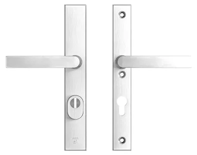 Produktbild von AXA Sicherheits Türbeschläge set - Oval Edge Smal - Türklinken mit Langschild - PC72 mit Kernziehschutz - Kruk Blok - Aluminium