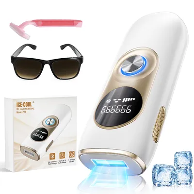 A collage of an IPL hair removal device with accessories and packaging.