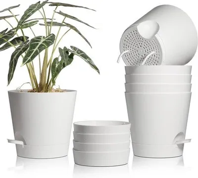 Obrázok produktu pre Sada plastových kvetináčov so systémom samozavlažovania – okrúhle kvetináče s podstavcom – sada 6 ks – 20 cm – biela