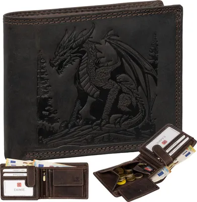 Produktbild von Geldbörse Herren Echt Leder RFID Portemonnaie Büffelleder mit geprägtem Motiv Braun Querformat Dragon