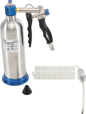 A cleaning gun with a bottle and a coiled hose are displayed against a white background.