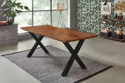Produktbild von Esstisch Baumkante massiv Akazie nussbaum 260 x 100 X-Gestell Schwarz FREDERIK