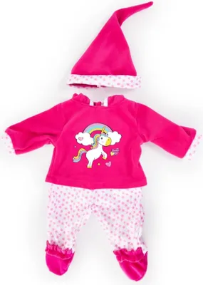 Produktbild von Bayer Design 84690AA Puppenkleidung für 40-46cm Puppen, Hose, Oberteil und Mütze, Set, Outfit mit Einhorn und Regenbogen, pink