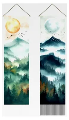 Produktbild von 2 Wandteppiche mit orientalischem Motiv - Wald, Sonne und Mond, langes vertikales Wandbehang mit Quasten, mystische ästhetische Dekoration für Schlafzimmer und Wohnzimmer