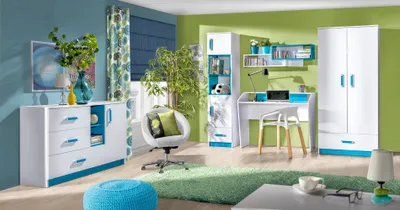 Produktbild von Jugendzimmer Kinderzimmer Set D Frank, 5-teilig, Farbe: Weiß / Blau