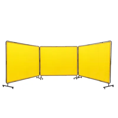 Image de rideau de soudure à 3 panneaux - 1,8 x 2,4 m - Rideau de soudure ignifuge en vinyle - Écran de soudure avec 12 roues pivotantes - Protection UV à 6 niveaux - Couverture de soudure - Jaune.