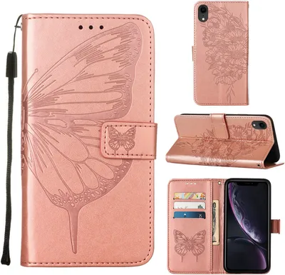 Produktbild von iPhone XR Hülle, Schmetterling Prägung Flip Leder Kartenfächer Schutzhülle Ledertasche mit Ständer für iPhone XR Roségold