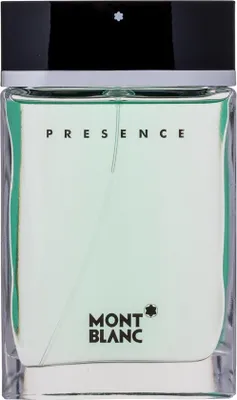 A close-up studio shot of a Mont Blanc Presence eau de Toilette bottle.