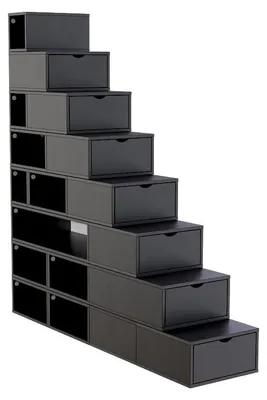 Produktbild von Treppenregal Schwarz 200 cm aus Holz mit Schubladen auf Metallschienen