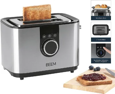 Produktbild von BEEM Toaster "Switch" Edelstahl | 900 W | Innovative Touch-Bedienung | Mit Brötchenaufsatz, Auftaufunktion & Krümelschublade | Silber
