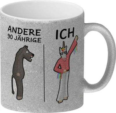 Produktbild von Witziger Glitzer-Kaffeebecher für den 90. Geburtstag mit Motiv: Andere und ich