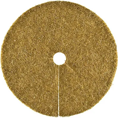 A circular brown mat with a hole in the center and a slit from the hole to the edge.
