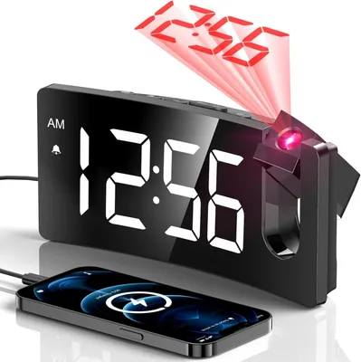 Image de Réveil avec projecteur de table de chevet, rotation à 180°, variateur de luminosité à 3 niveaux, affichage LED, chargeur USB, volume progressif, fonction snooze de 9 minutes