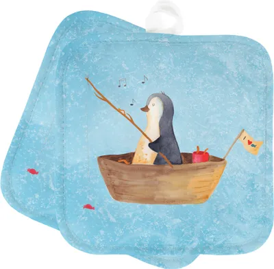 Produktbild von Mr. & Mrs. Panda Topfuntersetzer Pinguin Angelboot - Eisblau - Geschenk, Topflappenset, topfhalter, Ofenlappen, Angeln, Boot, Topflappen, Optimistisch, Set