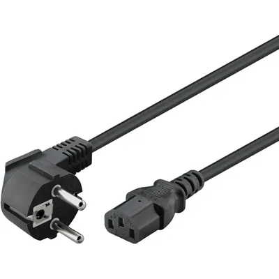 A black power cord with two different types of plugs.