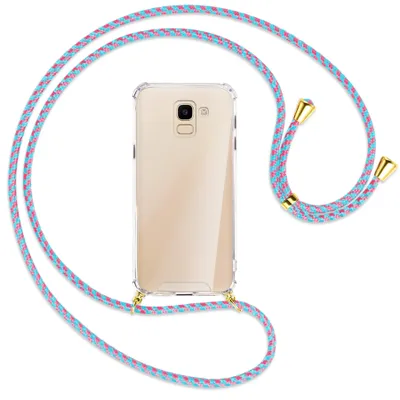 Produktbild von Handykette Backcover-Schutzhülle mit Band (Metall goldfarben) für Samsung Galaxy J6 2018 - pink/mint