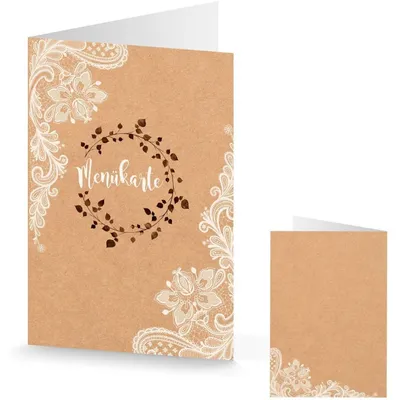 Produktbild von Logbuch-Verlag 10 Menükarten Speisekarten DIN A5 Vintage Kraftpapier braun Spitze Boho Hochzeit Geburtstag Tischdeko bedruckbar beschriftbar50 Stück