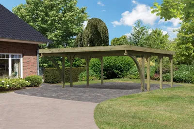 Produktbild von Doppelcarport Classic 2 Holz Überdachung Unterstand PVC-Dach inkl. zwei Einfahrtsbögen kesseldruckimprägniert 563x476x237 cm