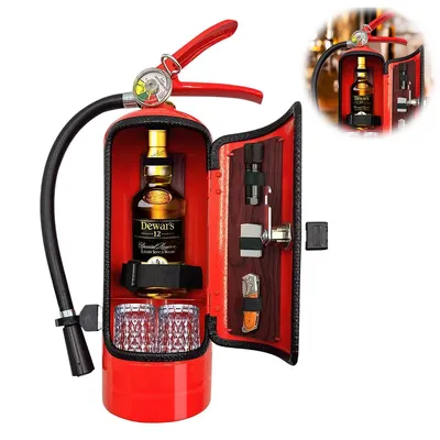 Produktbild von Feuerlöscher-Minibar, Geschenkidee für Feuerwehrliebhaber, handgefertigte Metall-Weinbox, Rot