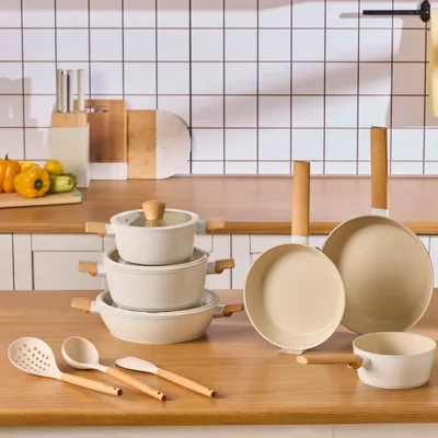 Immagine prodotto di Swiss Crystal Almond Cream Set di pentole da 12 pezzi Padella per friggere Pentole per friggere Pentola per carne Casseruola per friggere
