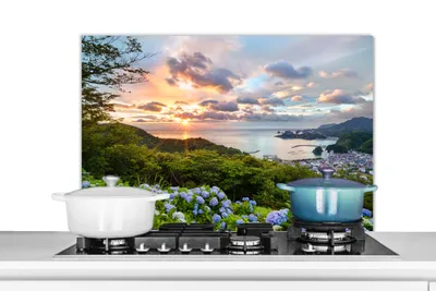 Obrázok produktu pre KitchenYeah® Kuchynský splashback - Kuchynský splashback - Ochrana steny sporáka a drezu - Kvety hortenzie pri západe slnka 80x55 - Alu-Dibond (alternatíva skleneného splashbacku) - Tepelne odolný - Tepelne odolný - Tepelne odolný