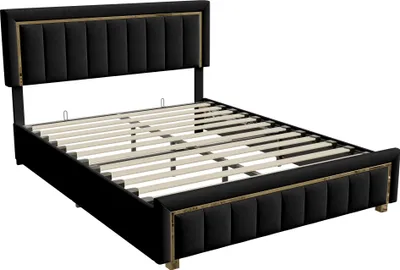 Produktbild von Bett (160 x 200 cm), Stauraumbett, Bettgestell mit Kopfteil, Samt, Schwarz
