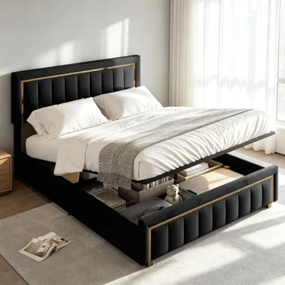 Produktbild von INONEFT Polsterbett 140x200cm Bett mit Stauraum, Boxspringbett mit Bettkasten, Stauraumbett Doppelbett, Bettgestell mit Lattenrost, Schwarz, Samt