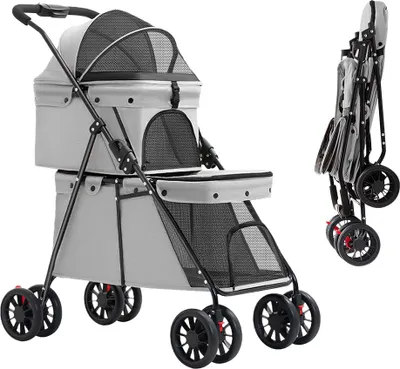 Produktbild von 2 Etagen Hundewagen klappbar Haustierwagen für Hunde Katzen Hundebuggy Grau