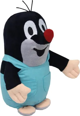 A plush toy mole wearing blue overalls, shown from the side.